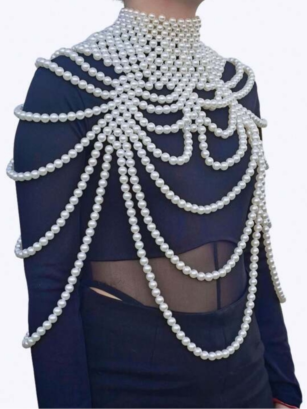 Faux Pearl Multi-Layer Shoulder Chain Necklace - White - Picture 2 of 3
